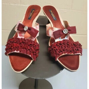 Morenatom Studio Scala Burgundy Ruffle Pink Print Kitten Heel Slides Sz38 (7)